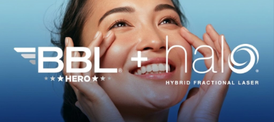 Woman's face showcasing BBL and Halo laser treatments for skin resurfacing and rejuvenation.